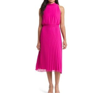 Sam Edelman Smocked Plissé Midi Hot Pink Dress Sz 6